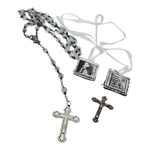 Vintage Rosary Necklace Crucifix Bible Bookmark Catholic Lot Italy